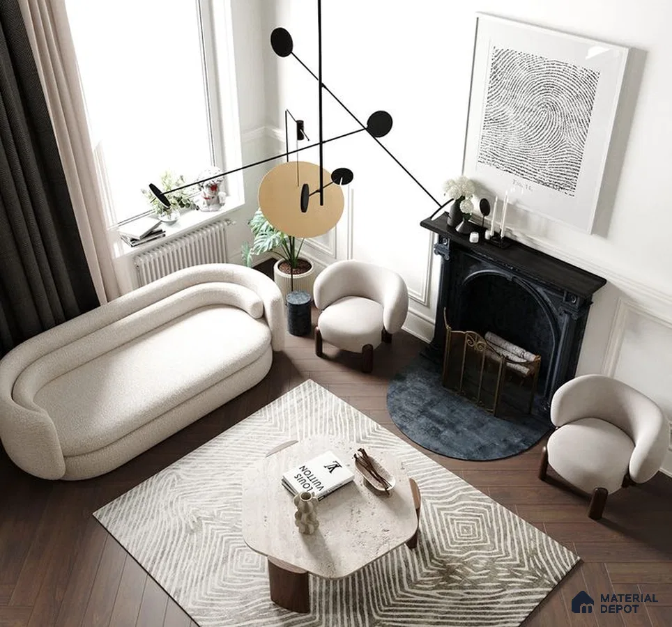 a bathroom with a large tub in the middle of it and wooden flooring next to a white wall mounted radiator on top of a white chair in a wooden table next to a wooden table with white brick